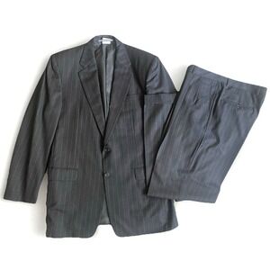 Vintage Hickey Freeman Loro Piana Wool Pinstripe Suit 42L Dark Gray Made USA